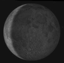 The First Quarter or A Left Crescent Moon.
A New Moon is Thinner Crescent than this Crescent & it's Position is depending in which Hemisphere your in like this Crescent.

The Moons Data & Distances: 
It's Diameter is 3,476kms or (2,160mls) time between Full Moons is about 29.5 Days with 1 revolution every 27.3 Days.
It's Perigee = 356,628kms or (221,600mls) & the Apogee = 487,072kms or (252,950mls).

Escape Velocity of the Earth is 40,232kms or (25,000mls) the
Moon is 8,046kms or (5,000mls) per Hour.